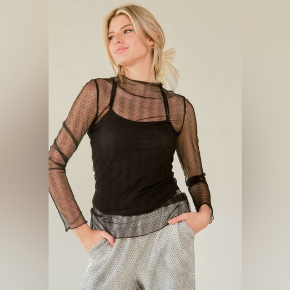 🟠 157B. Mesh Dotted sheer long Sleeve - Black - Picture 1 of 9